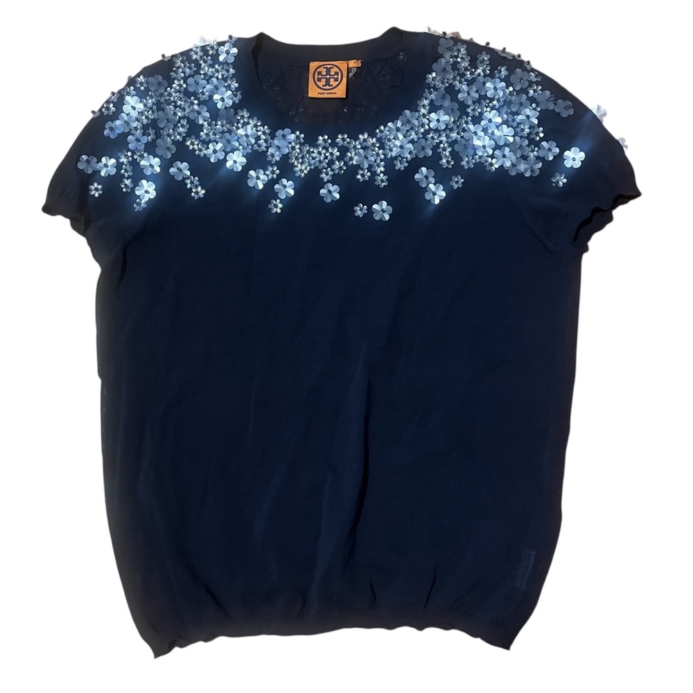Tory Burch Navy Blue Floral Embellished Blouse